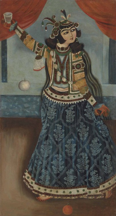  A dancer in a blue dress.  Qajar, Iran, first half 19th. century.  Oil on canvas /  156.2 x 83.5cm.