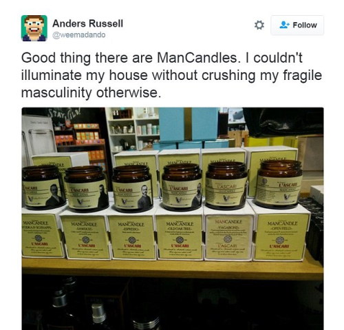 prokopetz:  micdotcom:  THIS TUMBLR POST IS FOR MEN ONLY. FEMALES ARE NOT ALLOWED TO USE THESE PRODUCTS OR EAT MAN SOUP.  I’m just disappointed the man-candles aren’t called “mandles”. 