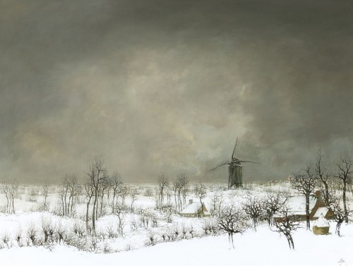 Leo Piron (Belgian, 1899-1962), Snowy Landscape with Mill. Oil on canvas, 60 x 80 cm.