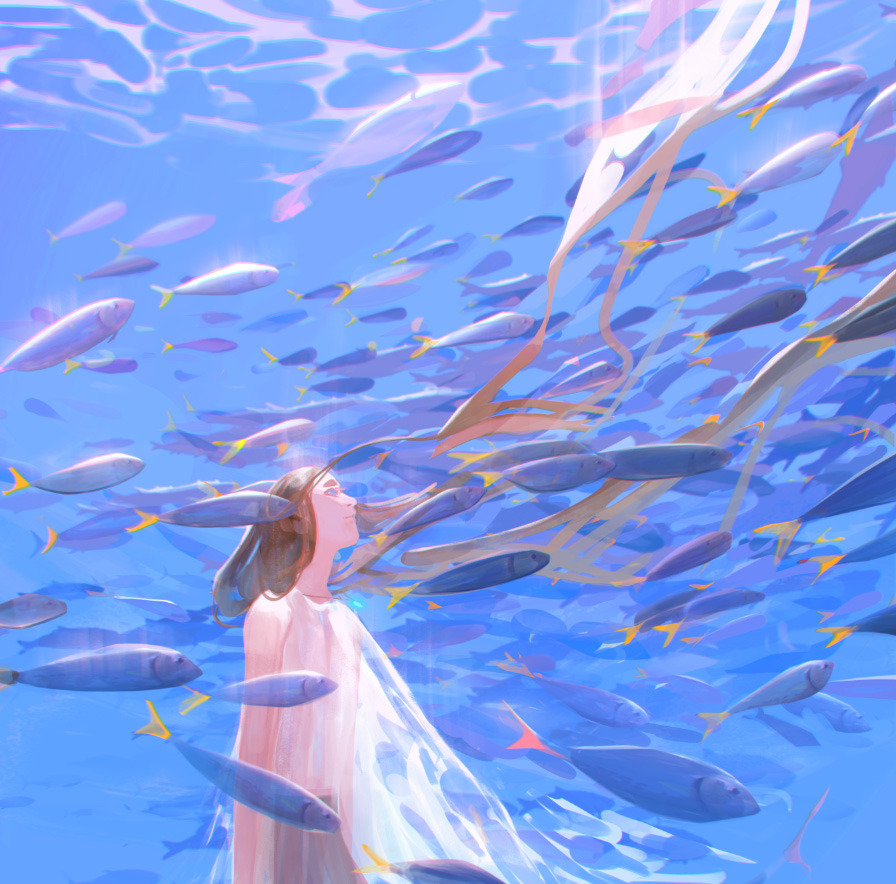 sunday enchantment by Amei Zhao. A femme figure looks up at a school of blue and yellow fish under rippling water.