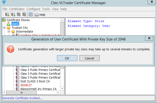 cleo vltrader certificate manager generate private key