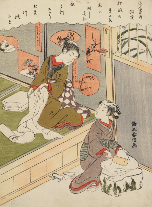 thekimonogallery: The Cloth-fulling Jewel River (Tôi no Tamagawa).  Woodblock print, 1768, Japan, by