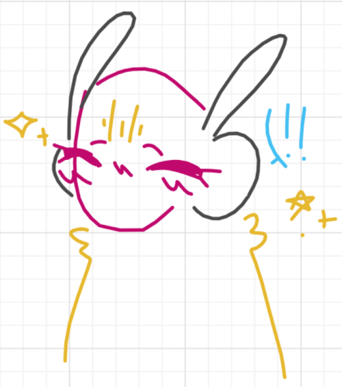 the same doodle of five pebbles except he looks significantly happier. sparkles appear around him for dramatic effect.
there is a speech bubble beside him that consists of two exclamation points.