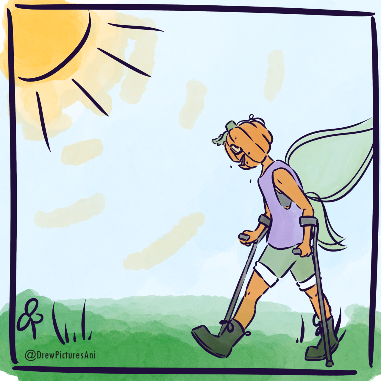 Panel 2. A faerie with a jack-o-lantern for a head walks into frame. They are wearing a vest and shorts, and sweating in the sunshine. They are also using forearm crutches to walk.