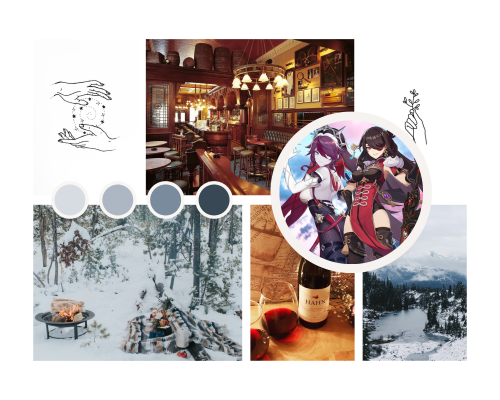 A Rosaria x Beidou moodboard with themes of picnics, drinking (alcohol), and snow!rarepair rarepair 