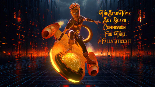 A child riding a flying hovercraft board across a sci-fi computer landscape with a stormy sky.