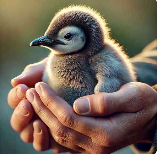 A hyper-realistic AI-generated image of a baby penguin being held gently in human hands, showcasing intricate feather details and a soft, inviting gaze.