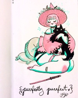jijidraws:  My Strawberry✧Mint Witchling♡She’s been a joy to do drawings of. The cats are her familiars: Spoopy (black) &amp; Ghost (white)–jiji 