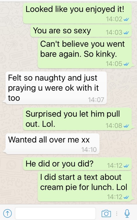 amateurslutwives383:  clackershotwife:  Whilst I was busy at work Mrs C was having fun. #cuckold #hotwife #sms #text.  He’s pleased that his wife is knowing other men sexually while he’s away. This is the life a cuck husband leads. 