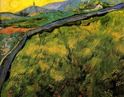 artist-vangogh:  Field of Spring Wheat at Sunrise, Vincent van GoghMedium: oil,canvashttps://www.wikiart.org/en/vincent-van-gogh/field-of-spring-wheat-at-sunrise-1889
