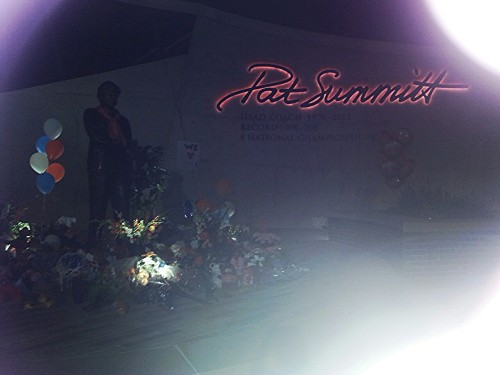 Pat Summitt statue with memorials around it. Not the best lighting but oh well. I drove there just