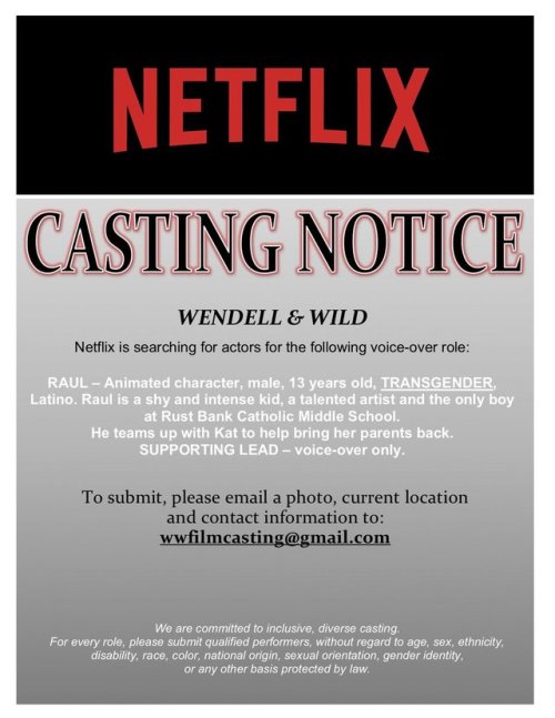 “CASTING CALLTRANS BOYS & MEN FOR @netflix STOP-MOTIONANIMATED FEATURE WITH  @JordanPeele & 