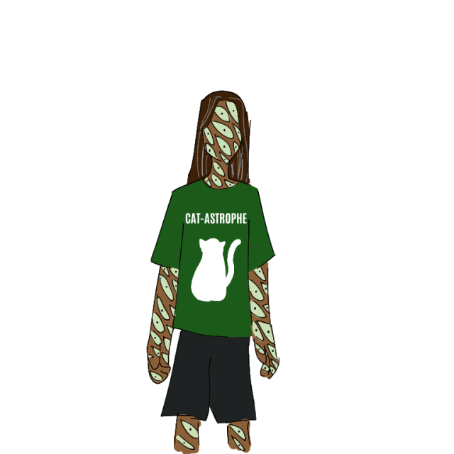 A transparent, colored drawing of Jon covered in eyes. He's wearing shorts and a dark green t-shirt with a white cat silhouette and text reading "CAT-ASTROPHE".