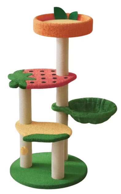 transparent image of a designer cat tree from Happy and Polly with fruit shaped pads