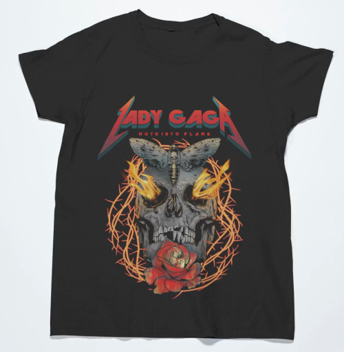 popgonemetal:      At any point, it feels as if Gaga will ride into the sunset with a flaming skull in one hand and liberty of justice in the other. Never fear Queen Gaga is here to solve all of your problems, with the looks of these tee’s she’ll