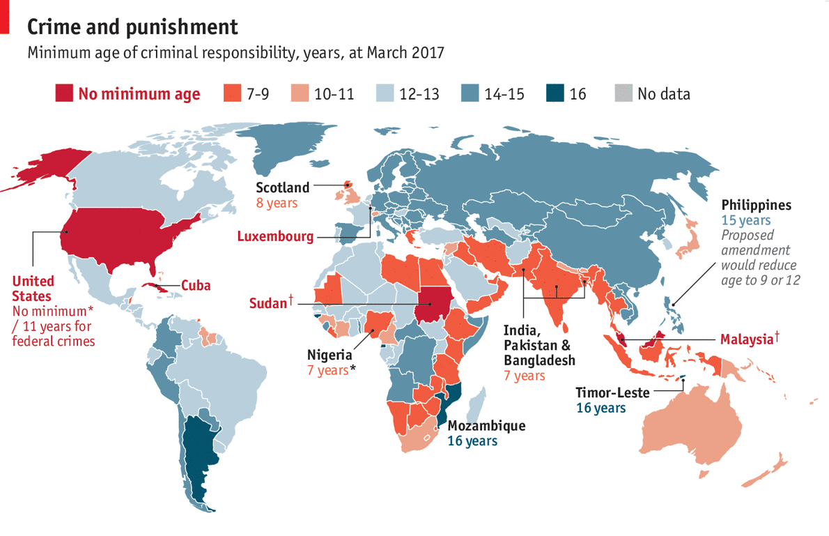 Minimum age of criminal responsibility around the world.