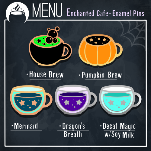 NEW Enamel pins coming soon!Enchanted Cafe Glitter Enamel Pins.Fall Menu •Brew •Pumpkin Brew •Mermai
