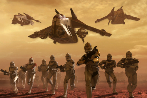 The grand army of the Republic arrives at Geonosis, beginning the Clone War.