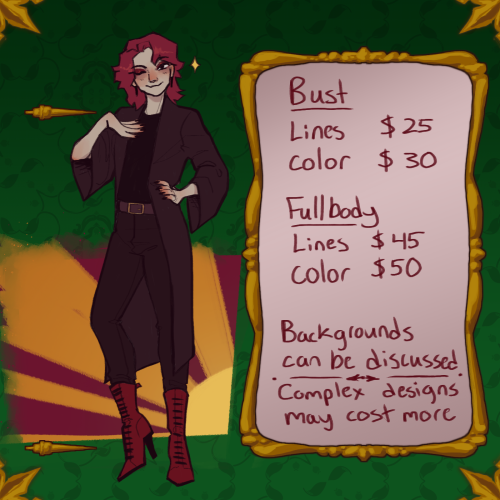 Hello! I’m opening up commissions, because I have bills to pay and very few options on how to do tha