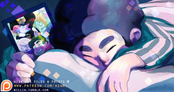 nillia:   Crystal Gems Sleeping set: Steven!   Each illustration in this series is meant to show something deep within each gem’s heart.  Above all, Steven is proud to be a Crystal Gem, and loves his fellow gems.  Here is the selfie he’s holding.