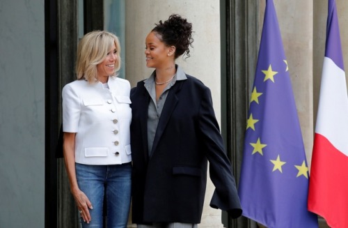 Rihanna welcomed by the First Lady of France Brigitte Trogneux as she arrives at Elysee Palace in Pa