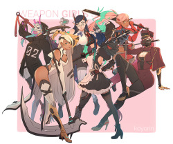 koyoriin:  First six characters for my WEAPON GIRLS 3 zine! Still a bit of a ways to go haha.http://twitter.com/koyoriin http://patreon.com/koyorinhttp://instagram.com/koyori_nhttp://www.pixiv.net/member.php?id=12576068