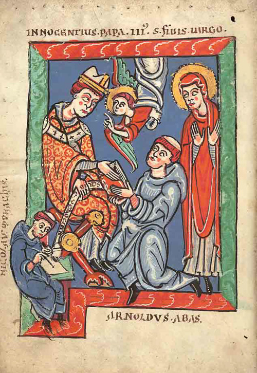 medievalart:Abbot Arnaud Amalric kneeling in front of pope Innocentius III. Both were central player