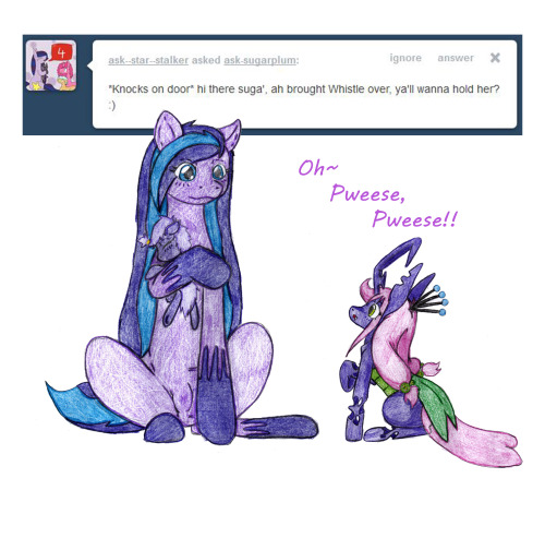 ask-sugarplum:  Sugar Plum: Ok, Whistle lets not waste our second chance out of the egg, from the look of it you don’t have a horn so I guess your more like me, I’ll watch over you forever because ah’m gonna be your big sister… well second big