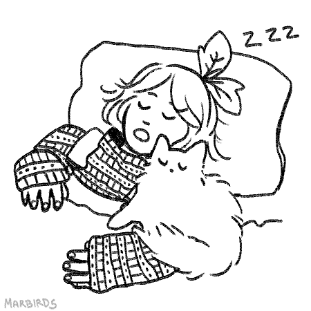 a line drawing on a white background of a girl sleeping tucked into bed with a cat snuggled up next to her, also sleeping. The girl is wearing an intricate patterned sweater with overalls over it and a headband with a bow that looks like leaves. Above their heads it reads "zzz".