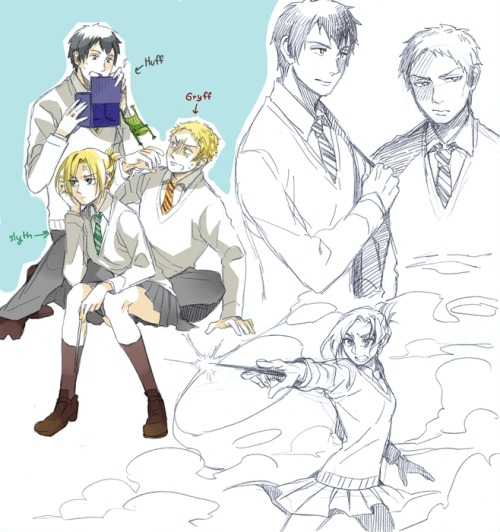 rivailleplz:  ask—rivaille:  most-powerful-soldier:  killthemtitans:  lucky7marco:  reiner—braun:  進撃のホグワーツ by なし   (( oh my gosh I love hp aus. I picture Jean wanting to be in Slyth but ends up being sorted into Gryff and he rages