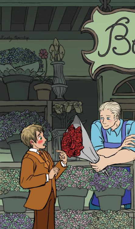 My APH Rare Pair Secret Santa for @embasan-kun!!   A cute Florist AU.Such lovely red roses~Merry Chr