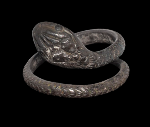 gemma-antiqua:Ancient Roman silver snake ring, dated to the 1st to 2nd centuries CE.