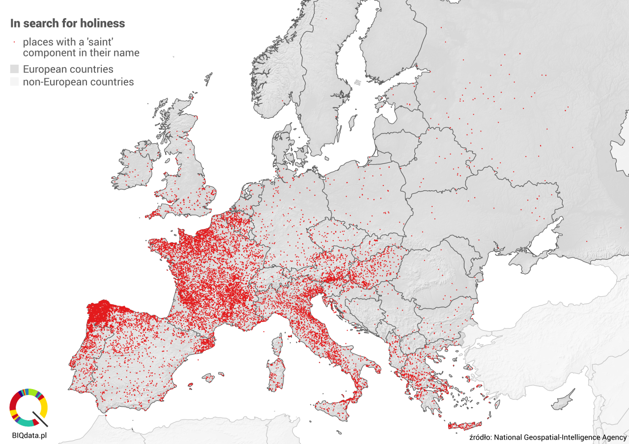 European places with a ‘saint’ component in their name.
Source and details >>
More placename maps >>