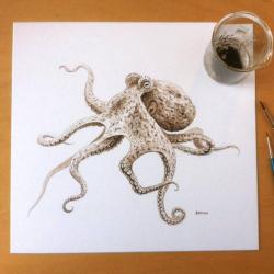 sixpenceee:  Artist  Esther van Hulsen, painted prehistoric octopus with its own 95 million year old fossilized ink. He was given the ancient ink by paleontologist Jørn Hurum. The ink itself was taken from a fossil discovered in Lebanon in 2009. It’s