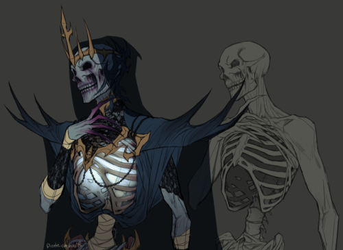 pirate-cashoo:I’ve been in the mood to draw skeletons lately so I developed my lich dude’s design a 