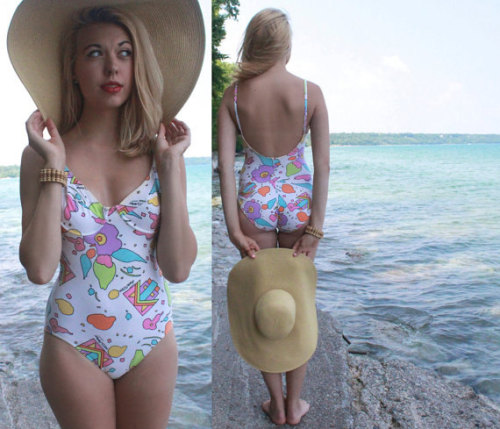 swimsuitetsy: 80s Peter Max NEO MAX One Piece SWIMSUIT Vintage for Rose Marie Reid Retro Pastel Neon
