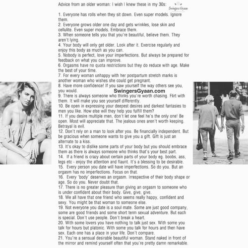 swingersgyaan: All young woman - Have a read! Advice from a woman in late 40s! 21 steps to a happy