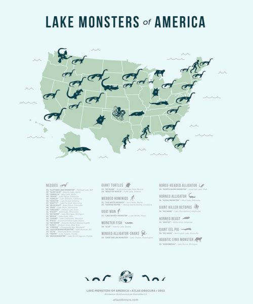 catbountry:laughingsquid:Map of the Lake Monsters of AmericaSeeing Chessie included gave me the warm