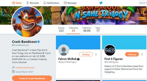 The official Crash Bandicoot account is now following Falcon McBob, aka Spyro The Dragon. Yes guys, 
