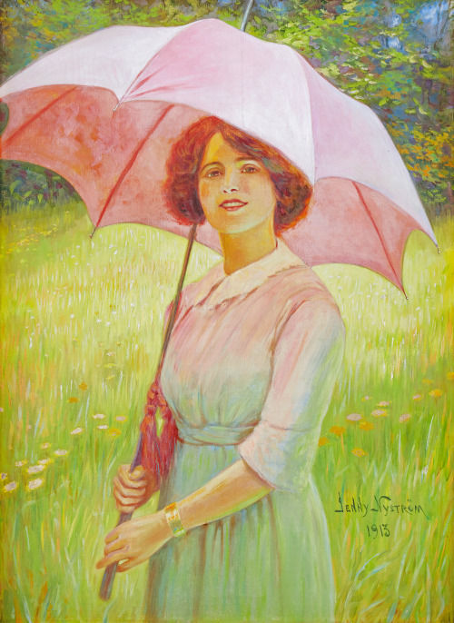 pintoras:Jenny Nyström (Swedish, 1854 - 1946): Woman with pink parasol (1913) (via Uppsala Auktionsk
