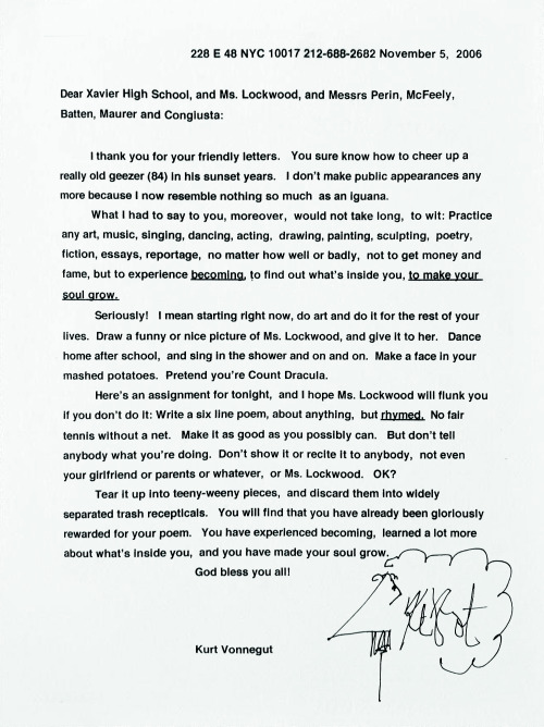 chroniclebooks:Kurt Vonnegut wrote this letter on November 5th, 2006, to Xavier High School in New Y