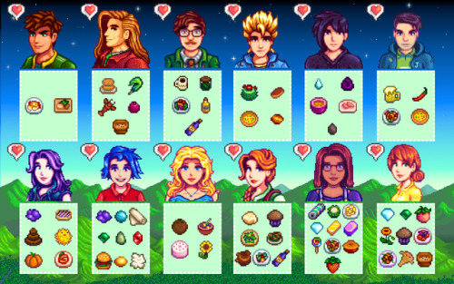 farmerkierin: Stardew Valley: Townsfolk Favorites  I decided to make these little graphics for people who may be playing on the switch and can’t get the guidebook or who may not have WiFi to look it up. Now you can just save these and pull them up wheneve