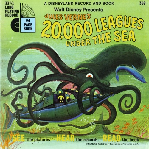 ‪Record covers and film posters of Disney’s 20,000 Leagues Under the Sea (1954).