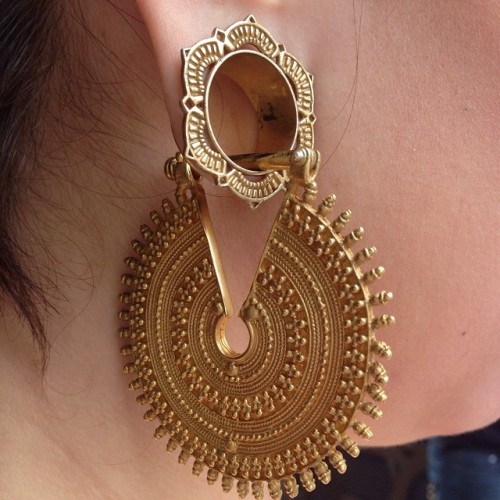 thecowpok:  Gold on gold on gold on gold! @sweptawayx is rocking her @tawapa lotus eyelets and @mayajewelry gypsy queens. #tawapa #mayaorganics #mayajewelry #plugs #cowpok #bodyjewelry #stretchedears 