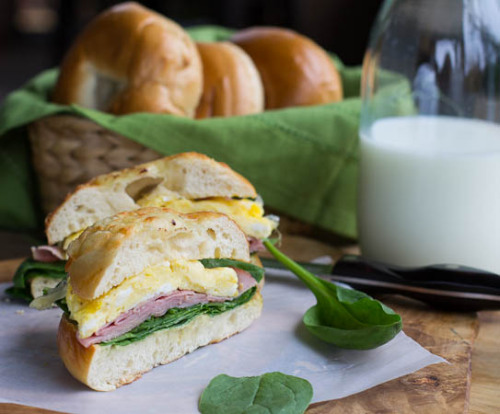 nom-food:Ham, cheese &amp; egg bagel sandwich