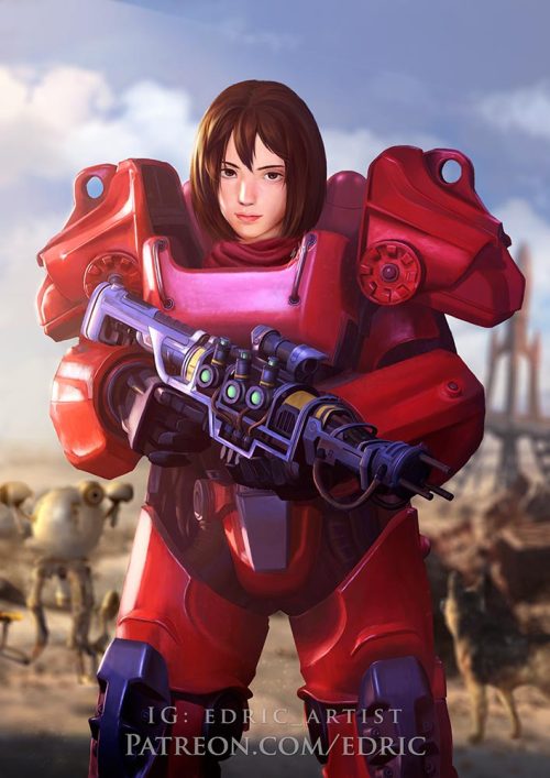 Mikasa In A Hot Suit Of Pink Power Armor, Ready To Take On The Wasteland Together With Dogmeat And Codsworth!