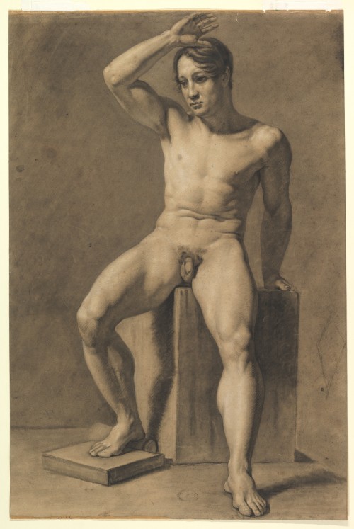 Seated Male NudeAnselm Feuerbach (German; 1829–1880)1860–69Black and white chalk on brown paperThe M