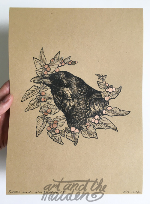 Raven and winter-cherries, digital print and copper-leafFacebook I Etsy I Instagram