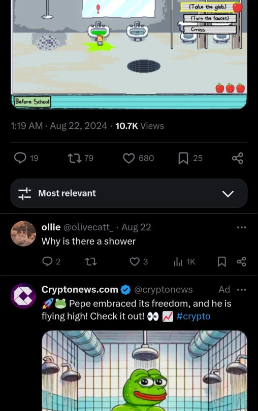 ID Start. Screenshot from Twitter. At the top is a post with a screenshot from Kindergarten 3, where there is a shower room. There is an advertisement downstairs with Pepe who also standing in the shower room. ID End.