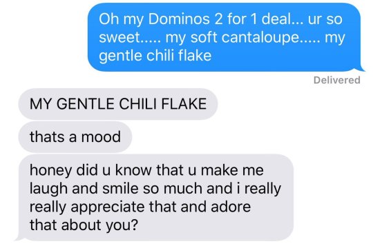 shadestep:  supercoolclouds: me as a gf trying to be cute: oh hey my….soft cantaloupe…gentle chili flake….dominos 2 for 1 deal…. 